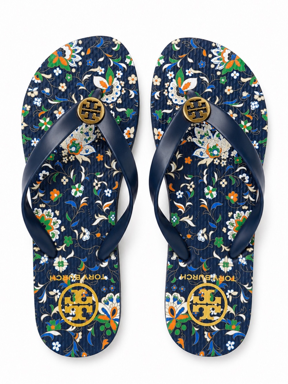 Tory Burch Flip Flops Navy Blue Floral Print Gold Logo Summer Shoes Size 6